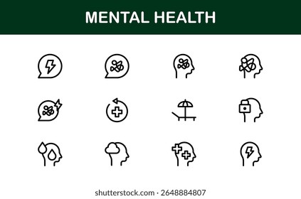 Vector Icon Collection for Mental Health Including Counseling, Mind Care, Emotional Support, and Wellness