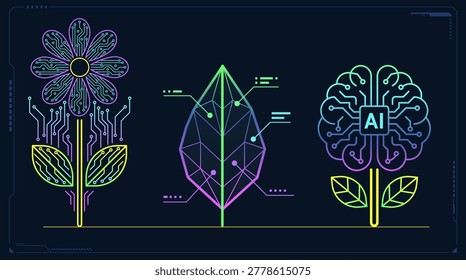 Vector icon collection merging technology and nature, featuring a flower made of circuits, a digital leaf, and an AI brain flower. Neon gradient style on dark background, symbolizing innovation, artificial intelligence, smart agriculture, and the fusion of organic life with digital technology.