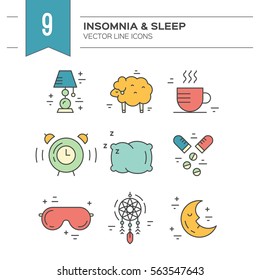 Vector icon collection on incomnia and sleep problems.
