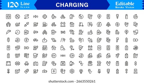Vektorsymbol der Kollektion, das für die Darstellung von Ladung, Energie und Energietransfer für moderne Schnittstellen steht.