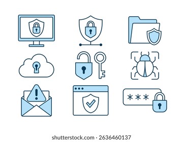 Vector icon collection representing cyber security concepts such as firewall, password, encryption, malware, phishing, data protection, cloud security, and network safety in modern line style.