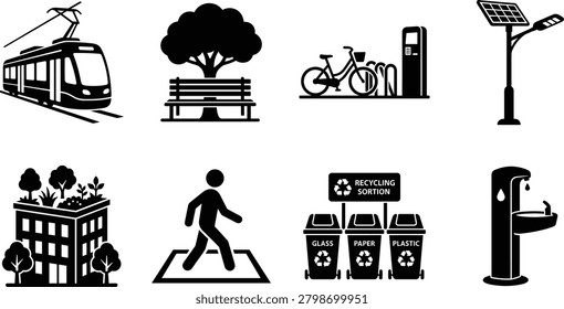 Vector icon collection representing sustainable city infrastructure, including public transport, bicycle sharing, recycling, green buildings, renewable energy, and pedestrian facilities. Ideal for environmental campaigns, smart city projects, sustainability reports, websites, and educational materials.