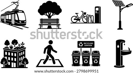 Vector icon collection representing sustainable city infrastructure, including public transport, bicycle sharing, recycling, green buildings, renewable energy, and pedestrian facilities. Ideal for environmental campaigns, smart city projects, sustainability reports, websites, and educational materials.