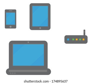 vector icon collection of smart phone, tablet, laptop and router, simple flat design illustration on white background