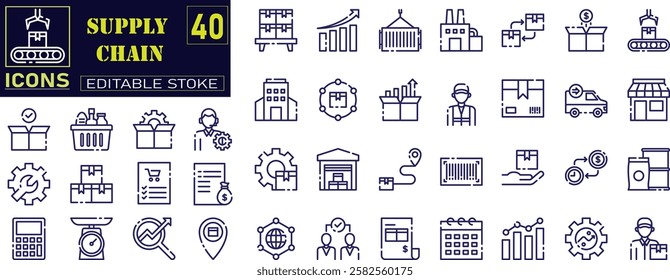 Vector Icon Collection for Supply Chain. This set includes line icons related to the supply chain, value chain, logistics, delivery, manufacturing, and commerce.