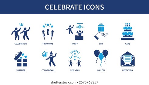 Vector icon collection themed around celebrations, featuring party, gift, cake, balloons, and festive elements in a clean modern style