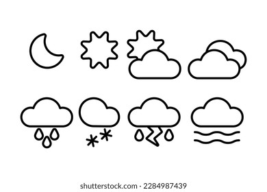 Colección de iconos vectoriales para informes de pronóstico del tiempo, con iconos planos y contornos para días soleados, lluviosos, nublados, nevados y nublados. Perfecto para aplicaciones meteorológicas, sitios web y botones para la web