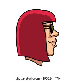 Vector icon, in color, with black border lines, of the head of a woman, profile, with short hair cut and sunglasses.