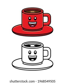 Vector icon, in color and black and white version, of a red cup of coffee with a plate and a smiling face, like a cartoon character, to use like logo, emoji or similar thing.