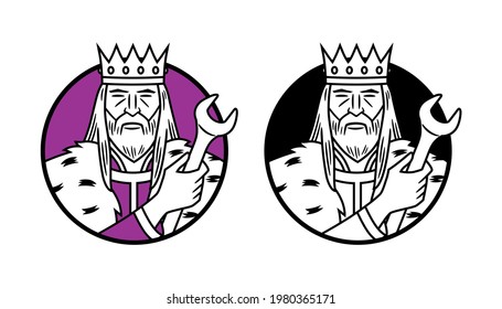 Vector icon, in color and black and white version, with border lines, of a king with a crown and a wrench in his hand, framed in a circular shape, to use like logo, graphic element or similar thing.