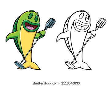 Vector icon, in color and black and white version, of a happy fish in cartoon style. The fish is singing and is using an old micro with retro look. Usable like a logo or graphic element.