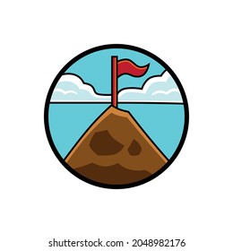 Vector icon, in color and border lines, of a mountain with a flag in the top and clouds behind; framed in a circular shape,to use like logo or design element.