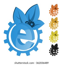 vector icon color  gears with green leaves and the letter e in the gear wheel