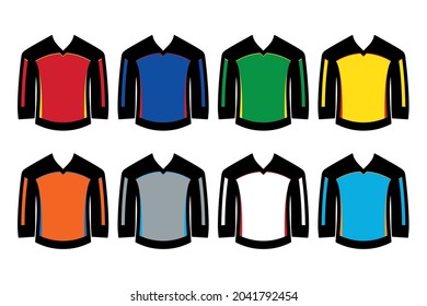 Icono vector de jerseys de hockey sobre hielo de color. Diferentes combinaciones de colores. Ilustración de ropa deportiva.