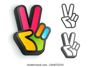 Vector icon with colorful hand and peace symbols. Hand and two fingers are like peace symbol.