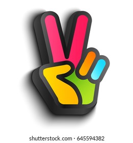 Vector icon with colorful hand and peace symbols. Hand and two fingers are like peace symbol.