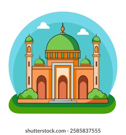 vector icon of colorful mosque and grass on white background