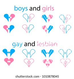 vector icon - colorful pink and light-blue puzzle logos hearts. Idea of normal family and symbol for homosexual love, marriage, partnership, sex