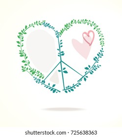 Vector icon of a combination of peace symbol with heart and green foliage.