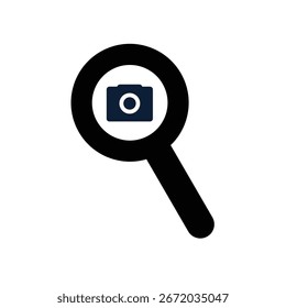 Vector icon combining a magnifying glass with a camera. Represents searching for images, photos, media, or photography content. Ideal for apps, websites, mobile UI, and digital interface design.