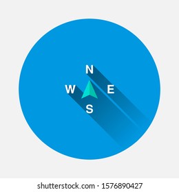 Vector icon of the compass. Illustration of a compass symbol for determining the sides of the world icon on blue background. Flat image with long shadow.