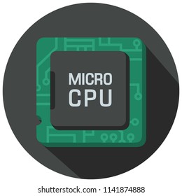Vector icon of computer micro chip. Stock illustration  computer processor on a green circuit board with microcircuits. Text: Micro CPU