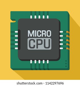 Vector icon of computer micro chip. A computer processor on a green circuit board with microcircuits. Text: Micro CPU