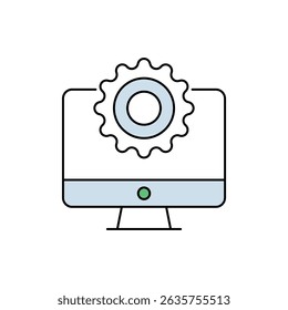 Vector icon of a computer monitor with a central gear, symbolizing web service settings and system configuration. Features a blue base and green button, ideal for tech and UI design.