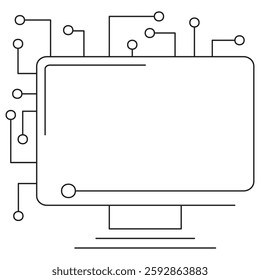 Vector icon of a computer monitor with circuit connections, symbolizing digital technology and networking. Thin black line illustration on a transparent background. Scalable and editable stroke width