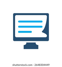 Vector icon of a computer monitor displaying a document or digital page with text lines. Suitable for use in educational platforms, file management systems, and digital libraries.