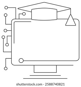 Vector icon of a computer monitor with a graduation cap and circuit connections, symbolizing online education, and machine learning. Thin black line illustration. Scalable and editable stroke width