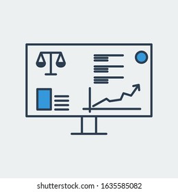 Vector icon of a computer monitor with interface and infographics for a courthouse work process. It represents work of a court, data analysis and statistics for a government employees