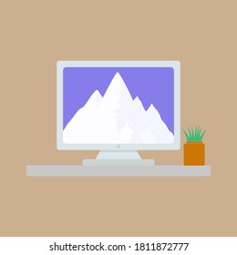Vector icon of computer with mountains on the screen. Office table flat icon. Illustration of monitor with landscape. Dreams of travels.