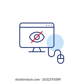 Vector icon of computer and mouse with crossed-out eye on screen, symbolizing hidden activity, private browsing, or invisible monitoring. Ideal for cybersecurity apps, privacy tools, and IT