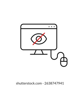 Vector icon of computer and mouse with crossed-out eye on screen, symbolizing hidden activity, private browsing, or invisible monitoring. Ideal for cybersecurity apps, privacy tools, and IT platforms