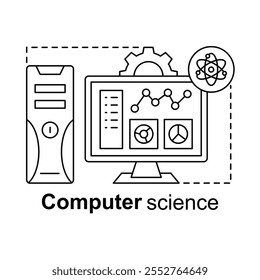 Vector icon for Computer Science. Illustration of a desktop computer, data charts, and an atom symbol representing technology and analysis.