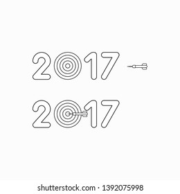 Vector icon concept of 2017 with bulls eye and dart in the center. Black outlines.