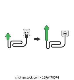 Vector icon concept of arrow with cable, plug and plugged into outlet and moving up. Black outlines and colored.