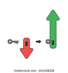 Vector icon concept of arrow with key into keyhole and moving down and up. Black outlines and colored.
