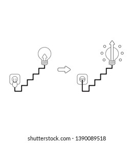 Vector icon concept of arrow in lightbulb plugged into outlet and light bulb glowing and arrow moving up. Black outlines.