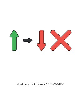 Vector icon concept of arrow moving up and down with x mark. Black outlines and colored.