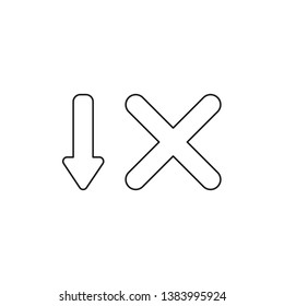 Vector icon concept of arrow pointing down and x mark. Black outlines.