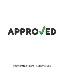 Vector icon concept of black approved word with green check mark. Black outlines and colored.