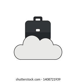 Vector icon concept of black briefcase on cloud. Black outlines and colored.
