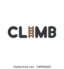 Vector icon concept of black climb word with wooden ladder. 