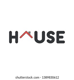 Vector icon concept of black house word with red house roof. 