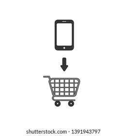 Vector icon concept of black smartphone icon into shopping cart. 
