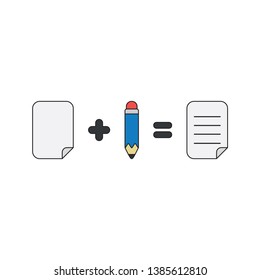 Vector icon concept of blank paper plus pencil equals written paper. Black outlines and colored.
