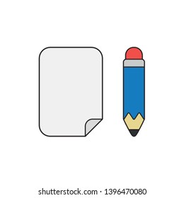 Vector icon concept of blank paper with pencil. Black outlines and colored.