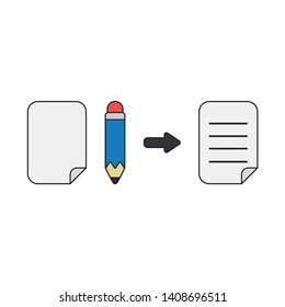 Vector icon concept of blank paper, pencil and written paper. Black outlines and colored.